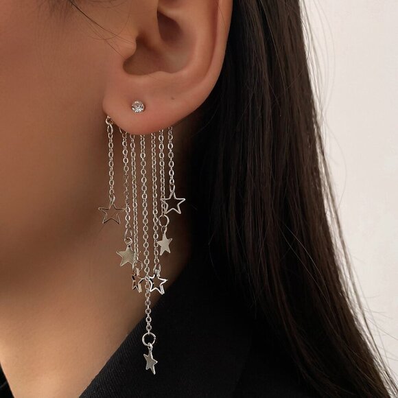 Silver Fashionable Women's Star Decor Earring Jackets - Picture 1 of 4